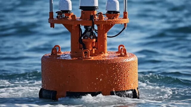 Orange buoy floats on ocean waves, with water splashing against its surface, showcasing its structure and functionality in a marine environment