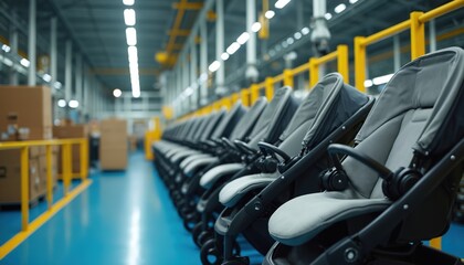Obraz premium Line of new baby strollers in a factory assembly line. Modern manufacturing process of child transport gear. Production facility with industrial equipment and workers.