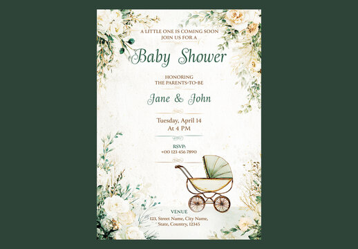 Editable Baby Shower Invitation Template Design with Baby Stroller in Floral Background.