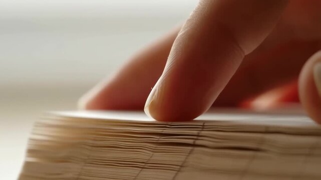 Book pages with fingers flipping through them in a close-up shot featuring reading, literature, paper with publication and novel elements for