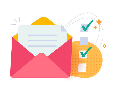 Email newsletter marketing survey feedback envelope icon vector modern illustration design, mail letter message with checkmark checklist flat online digital, cartoon drawn questionnaire vote clipart
