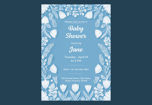 Editable PSD Template| Baby Shower Invitation Card Design with Floral Theme in Blue and White Color.