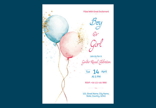 Editable Gender Reveal Party Baby Shower Invitation Card with Watercolor Blue and Pink Balloons Design.