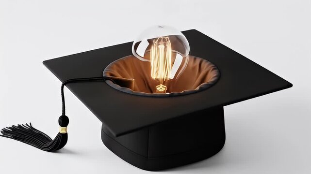 Light bulb sits in the cavity of a black mortarboard cap, symbolizing knowledge