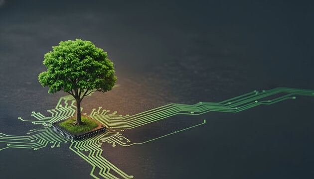 A lush green tree sprouts from a computer processor with circuit lines, symbolizing sustainable environmental growth and eco-friendly technological advancement.