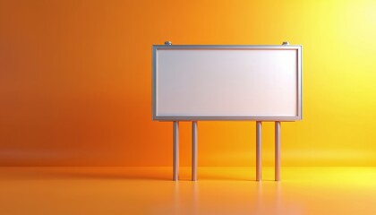Obraz premium Blank billboard stands on metal poles against vibrant orange, yellow gradient background. Clean, simple display area ready for custom graphics or text. Modern frame suitable for diverse ad concepts.
