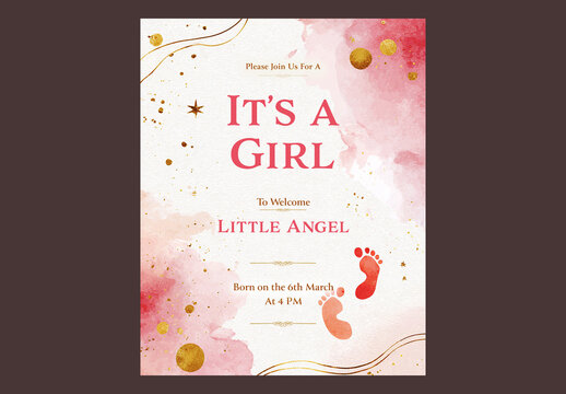 Editable Baby Birth Announcement Post  with Baby Footprint in Watercolor Background.