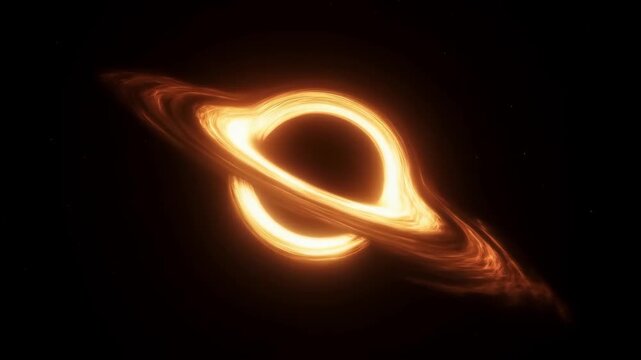 Black hole with glowing orange ring and swirling matter in space featuring cosmic, astronomy, astrophysics with celestial body and dark background