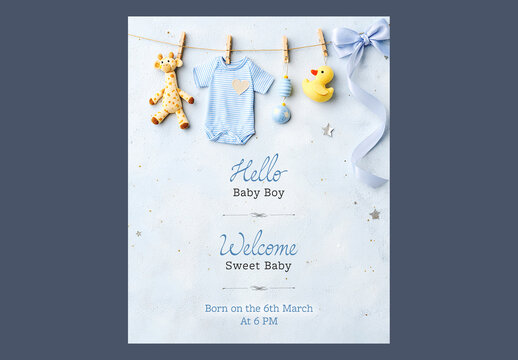 Editable Baby Birth Announcement Post with Hanging Baby Clothes and Toys.