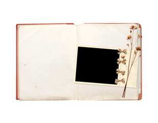 Book with blank pages, dry flower, retro frame photo with linen bows. Vintage style mood board layout for scrapbooking. Nostalgic and sentimental style. Isolated on white background. Copy space