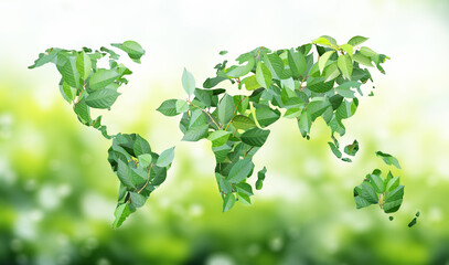 Earth day. World map silhouette made of green leaves. Ecological resource, Eco-friendly, go green, Green Energy, environmental, responsible consumption, Ecology, zero waste  concept