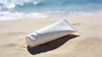 White sunscreen tube on sandy beach near ocean waves in bright summer