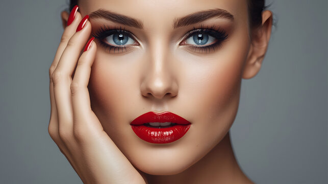 beautiful woman model portrait with blue eyes red lipstick and red nail polish