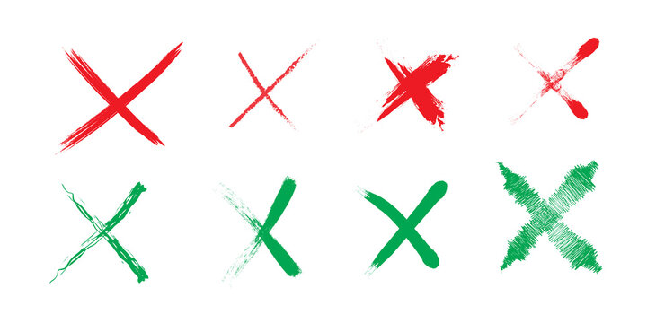 Set of red hand drawn brush stroke cross marks and cross signs isolated on transparent background