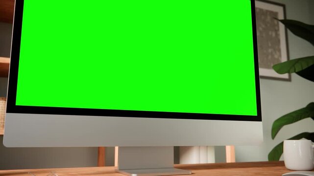Computer Monitor Green Screen Mockup Low Angle Orbit &ndash; Dynamic Camera Rise and Orbit in Scandinavian Home Office