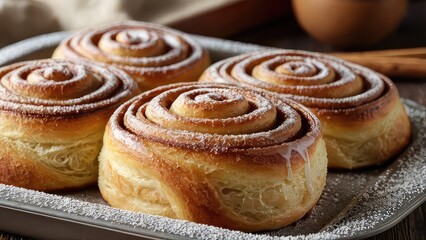 Fresh baked cinnamon rolls with icing on bakery, warm morning breakfast concept