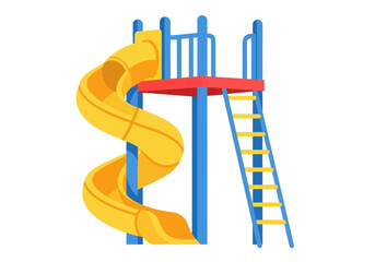 Fototapeta premium Children's playground equipment featuring a yellow spiral slide and blue climbing structure with a red platform viewed from the front
