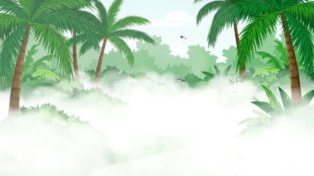 Professional insect fogging and mosquito control animation in a lush tropical park with palm trees and dense bushes.
