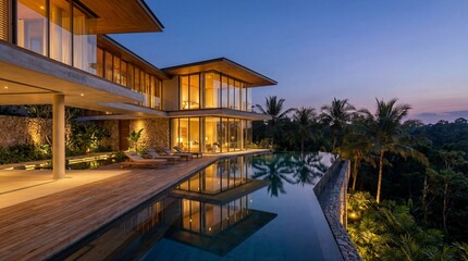 Fototapeta premium A luxurious modern mansion stretches along a mirror-like pool at tropical twilight, presenting a polished architectural image of calm, exclusivity, and contemporary comfort.