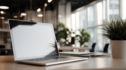 Fototapeta premium Professional workspace layout mockup with side view of blank laptop in modern office
