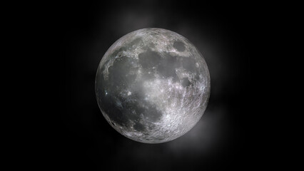 Obraz premium Full moon overlay. satellite with craters and surface details, atmospheric clouds and night fog on black background, spooky halloween astronomy element, mysterious horror cosmos sphere