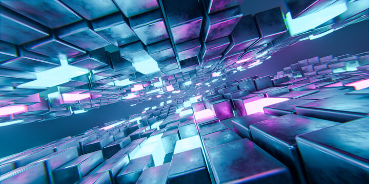 abstract technology background with blue and pink glowing cubes tunnel perspective futuristic digital data block chain network architecture structure 3d illustration