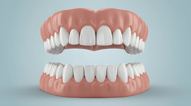 A realistic 3d rendering displays a full set of human upper and lower dentures showcasing perfect white teeth and pink gums against a soft light background.