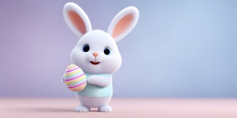 Obraz premium A chubby cartoon bunny holds a striped egg while standing upright with a smile