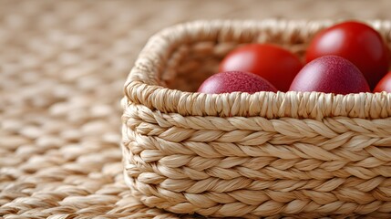 Obraz premium Basket holding red and purple eggs rests on a woven surface during Easter