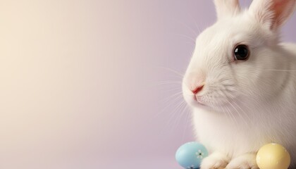 easter bunny, white rabbit, easter eggs, spring season, cute animal, copy space, pastel background. Adorable close up of a fluffy bunny next to colorful painted eggs for a holiday.