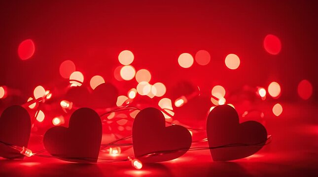 Row of romantic red heart shaped decorations illuminated by glowing fairy lights against a deeply saturated bokeh background for valentine's day.