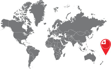 Obraz premium World Map Highlighting Tonga Location with National Flag Pin in the South Pacific