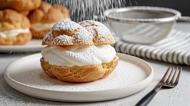 Powdered sugar sprinkling onto cream puff with whipped cream filling
