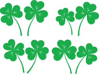 A vibrant illustration of six four leaf clovers on green stems against a white background for st patrick's day