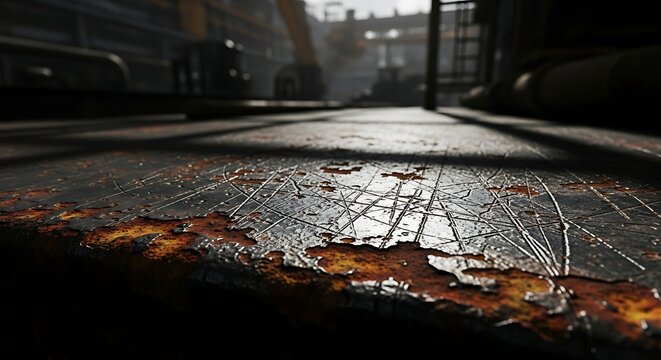 Close-up of heavily rusted metal surface with scratches, indicating industrial wear and tear, in a dimly lit environment.