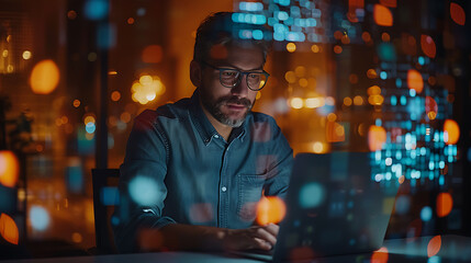 Obraz premium Mature man with glasses working on laptop at night with city lights reflection, analyzing data and coding, cybersecurity, remote work, digital technology, programming and focused professional concept