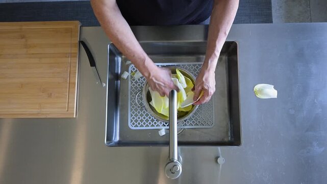 Person washing and peeling fresh endives in a modern kitchen sink