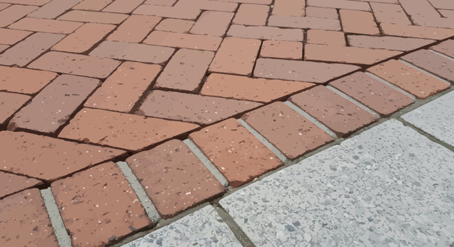 Red Brick Paving Herringbone Pattern Bordered by Concrete Pavers