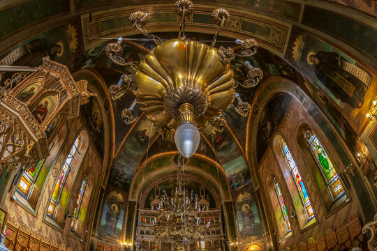 BUCHAREST, ROMANIA: Inside of the Orthodox Church of Zlatari located on Calea Victoriei,built in 1635. In front of the altar is the scrape with the relics of the Holy Martyr Ciprian.