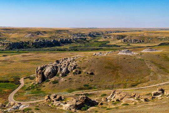 Aerial view of hoodoos and Milk River at Writing-on-Stone Provincial Park