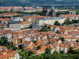Obraz premium Close View Of Prague Castle Complex And St. Vitus Cathedral Above Red Roof Lesser Town Houses, Prague, Czech Republic