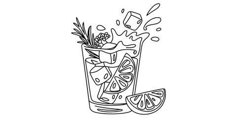 Hand drawn line art illustration of a refreshing cocktail with lime ice and rosemary splash.