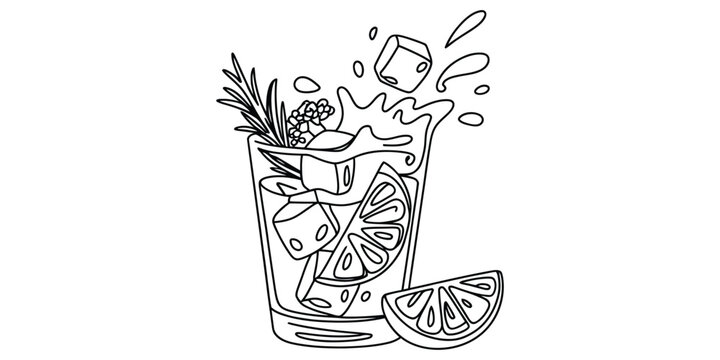 Hand drawn line art illustration of a refreshing cocktail with lime ice and rosemary splash.