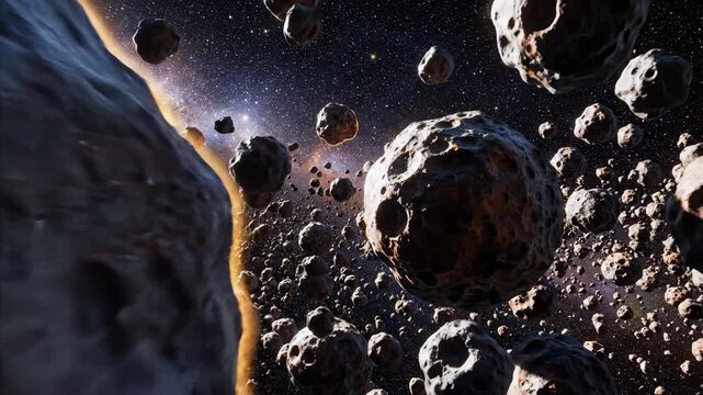 Asteroid field in outer space with numerous rocky asteroids floating amidst stars and galaxies, showcasing the vastness of the universe and celestial bodies