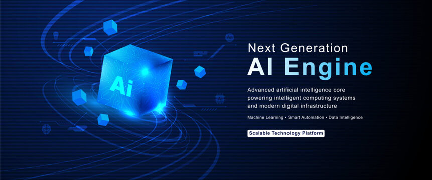 Artificial Intelligence Data Flow Cube with Futuristic Digital Technology Background
