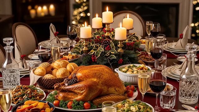 Festive holiday table laden with a turkey, sides, drinks, and elegant dinnerware