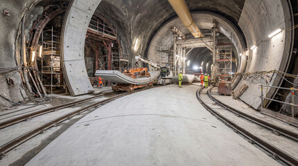 Fototapeta premium Construction workers build tunnels in underground infrastructure project near urban area