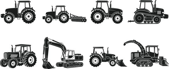 PrintBlack vector silhouettes of various agricultural tractors and heavy duty industrial machinery equipment. © Nazmun