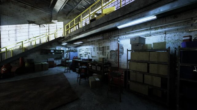 Lowlight storage bay interior, cool blue illumination under mezzanine, rows of stacked boxes and tool cabinets, cinematic contrast between artificial