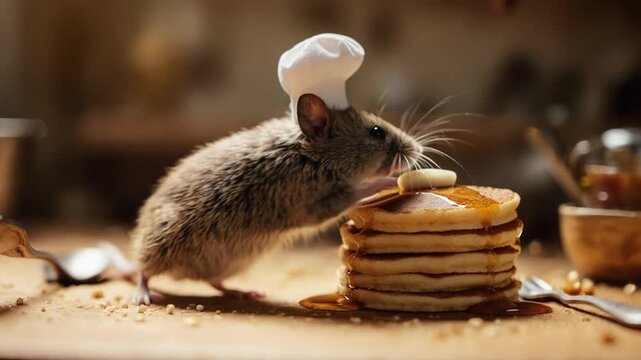 Mouse wearing chef hat eating pancakes.